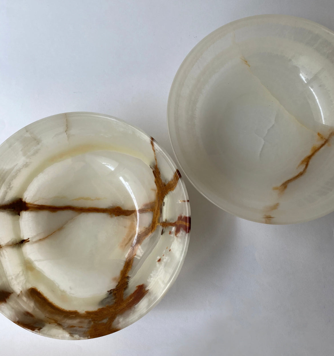 White/Green Onyx Translucent Bowl with Heavy Brown Grains