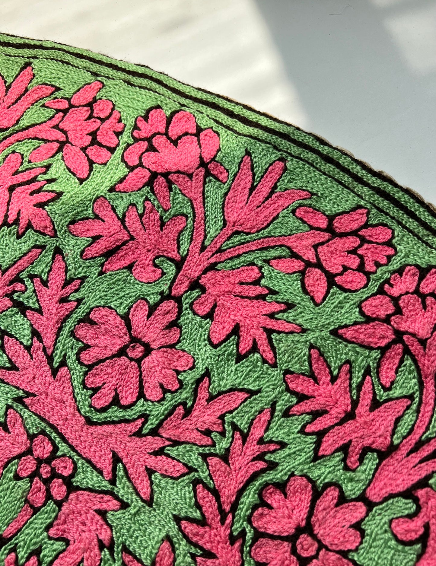 Fuchsia & Green Hand Embroidered Round Rug