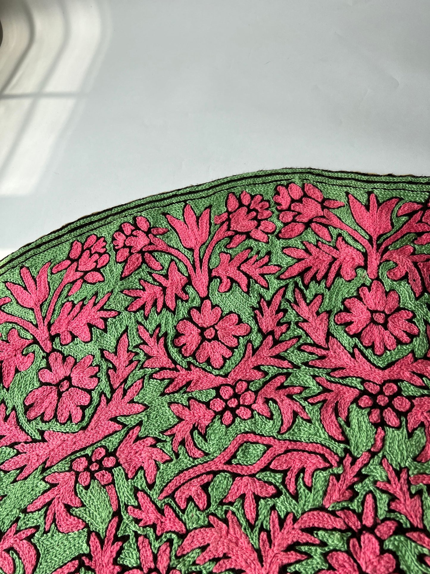 Fuchsia & Green Hand Embroidered Round Rug