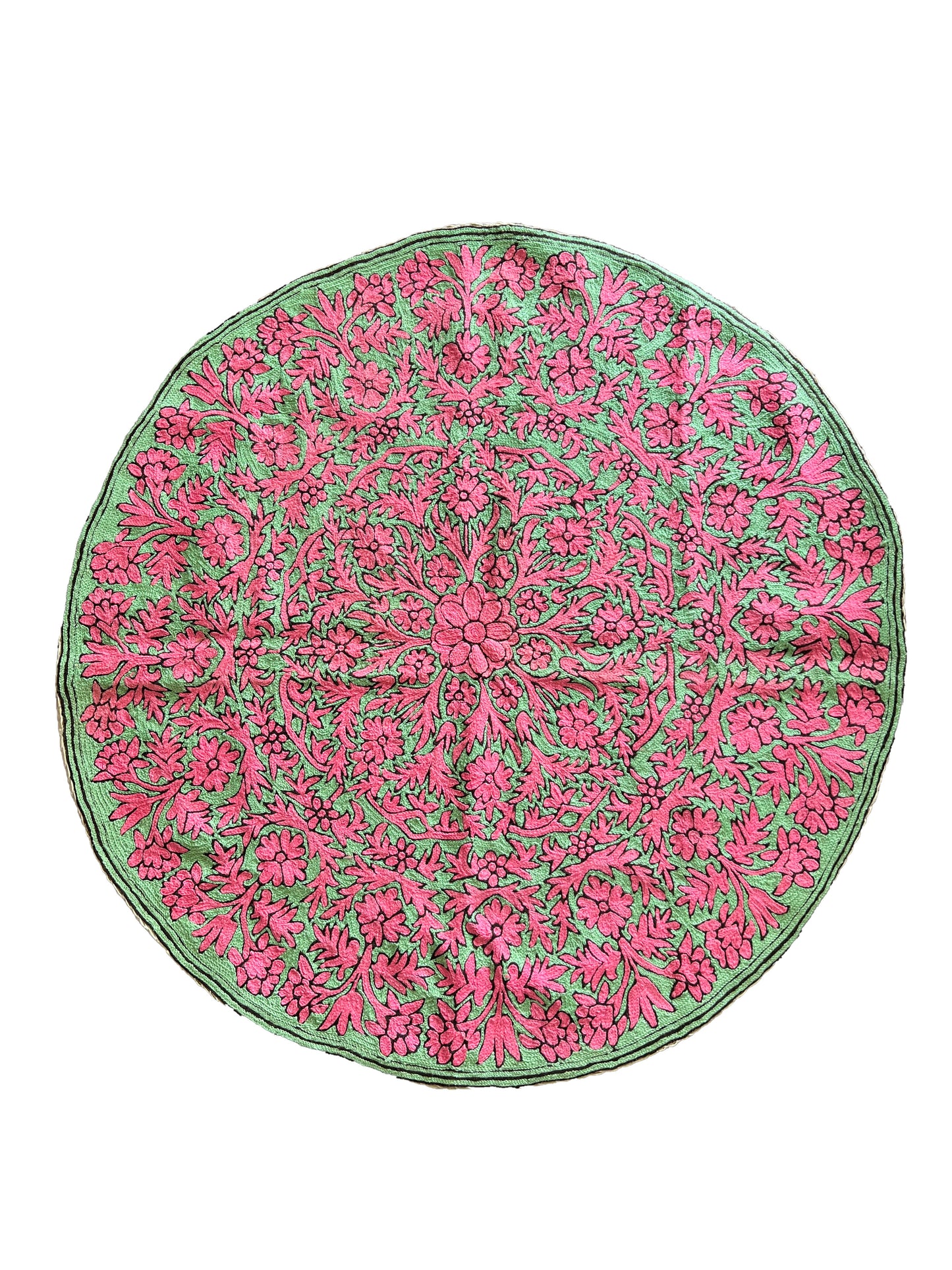 Fuchsia & Green Hand Embroidered Round Rug